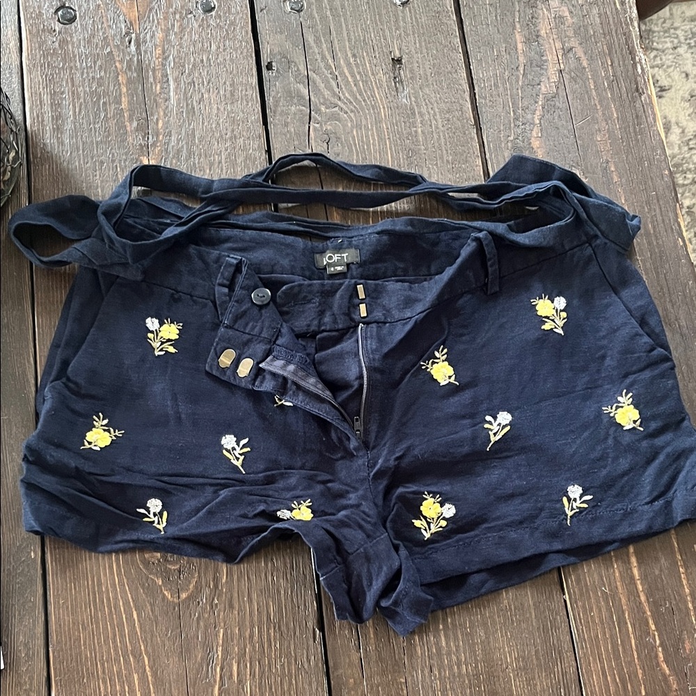 LOFT Linen Navy Shorts with Yellow Floral Accents